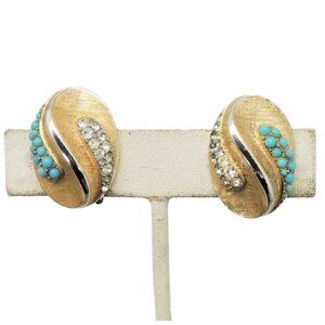 Vintage Trifari Pave Faux-Turquoise & Clear Rhinestone Clip Earrings, 1949 Vogue